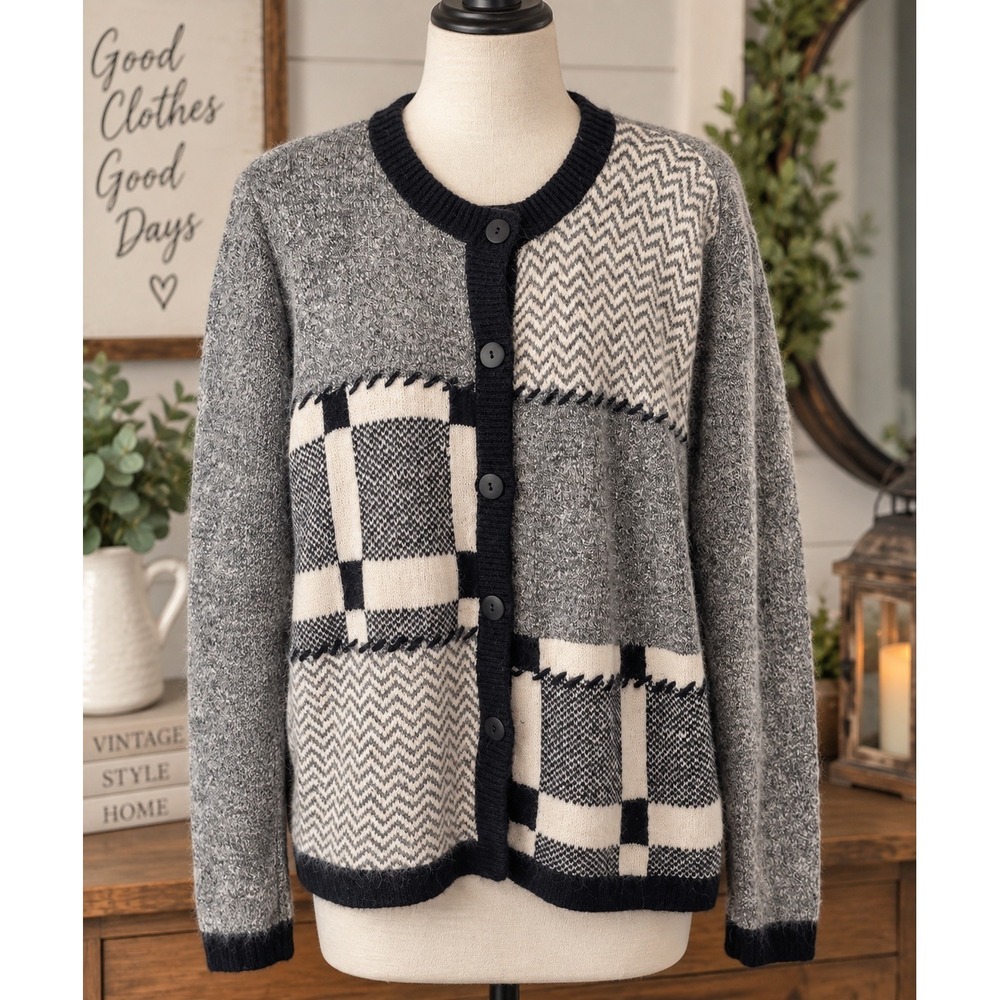 Vtg Stone Canyon Cardigan Sweater L Gray Black Patchwork Shoulder Pads 90s Silk